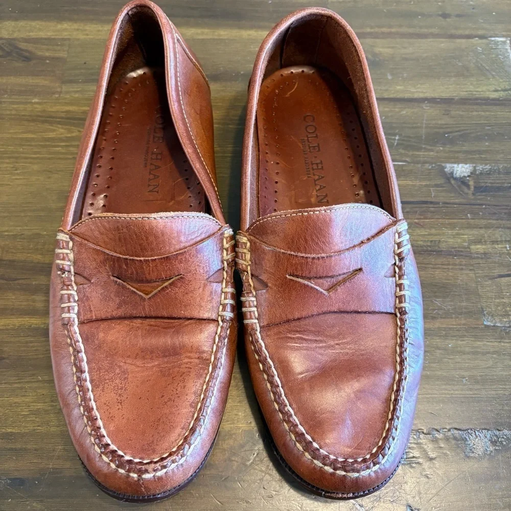 Cole Haan Mens Loafer Dress Shoes Penny Slip On Brown Leather 9 Brazil Stitching